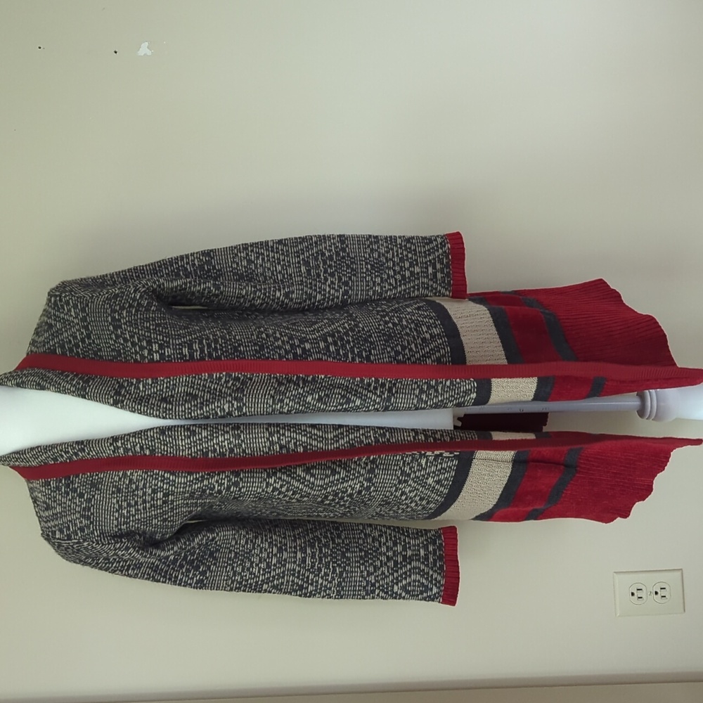 Hannah Longline Open Front Cardigan Sweater M Red Gray